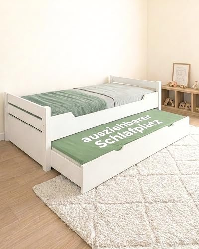 Steiner Shopping Easy-Premium-Line Kinderbett & Jugendbett in Weiß I 90x200 cm Bett inkl. Ausziehbett & Rollrost I Schneller Aufbau im Kinderzimmer I Stabiles Holzbett mit abgerundeten Kanten