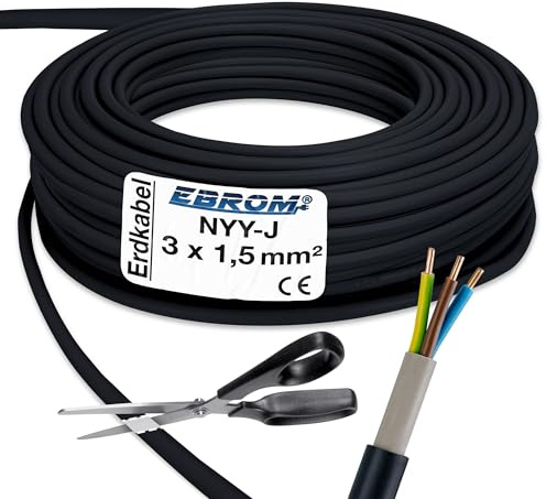 EBROM Erdkabel Starkstromkabel NYY-J 3x1,5 mm² schwarz - Länge: 5 Meter | PVC Kabel erdvelegbar in 3x1,5 mm2