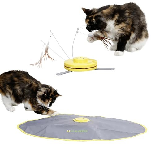 Kerbl Pet Katzenspielzeug 2in1 Catch the TailFeather, Federwedel, gelb, grau, 70x53x5cm, Nylon, Katzen, automatische Abschaltfunktion, rutschfest