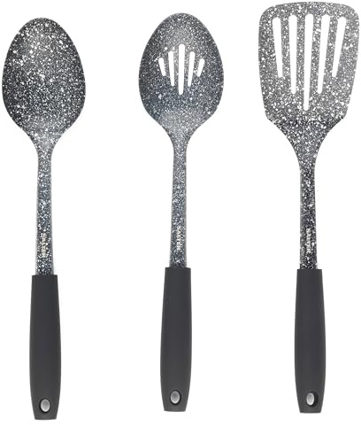Salter® BW08044 Megastone Solid Spoon, Slotted Spoon and Slotted Turner Utensil Set, Stainless Steel, Perfect for Busy Kitchens & Gourmet Style Cooking, Soft Touch Ergonomic Handle