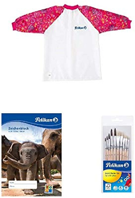 Pelikan 105353 - Malschürze Girl für Circa 6-9 Jahren mit Klettverschluss, rot + Zeichenblock C4/10, A4, 10 Blatt + Pinsel Starter-Set mit 5 Haar- und 5 Borstenpinseln