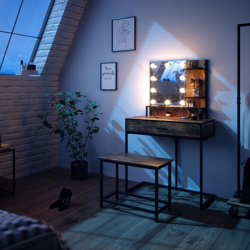 Vicco Schminktisch Fyrk, Antikholz, 80 cm mit LED Beleuchtung und Stuhl, geeignet als Sitzgelegenheit und Ablage für Schminkbereich