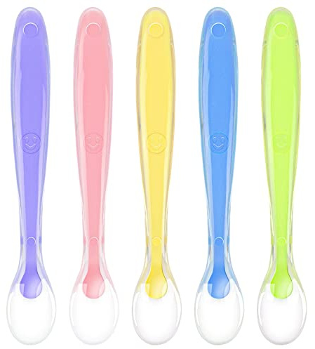 Vicloon Baby Silicone Spoons, 5 PCS Baby Training Feeding Spoons for First Stage 4 Months Toddlers, Infants Utensils Feeding Supplies, Soft Tip BPA Free Gum-Friendly Dishwasher Boil-Proof