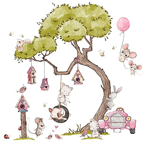 Little Deco Wandsticker Wandtattoo Kinderzimmer Mädchen Mäuse Wandaufkleber Vögel Wandbild Mädchenzimmer Katzen Blumen Rosa Schaukel Wanddeko Auto Blumenranke DL718-4