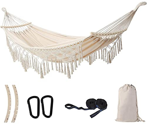 SXSEAGLE Hängematte-Hängeschaukel Double Max 227 kg Makramee für drinnen und draußen, Terrasse, Hof, Garten (Beige)