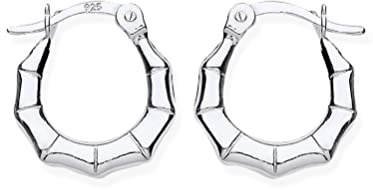 925 Sterling Silver Creole Hoop Earrings - Small Bamboo Style Hoop Modern Ladies Earrings - Womens Silver Hoops - Teens Creole Earrings - 14mm Silver Earrings - Hexagon Cut Hoops