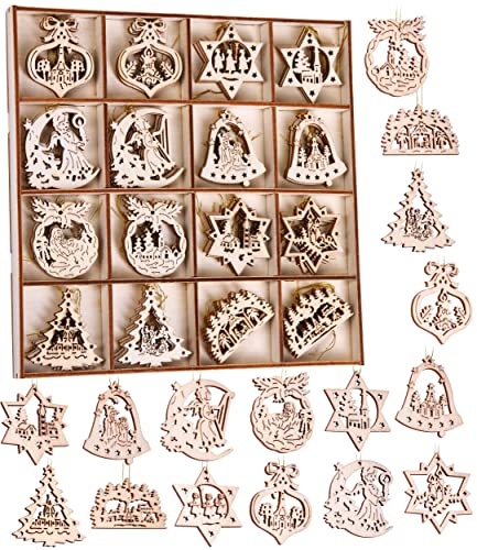 BRUBAKER 48-TLG. Weihnachtsanhänger Set - Baumschmuck aus Holz 3-4 cm | Weihnachtsdeko Glocken Sterne Tannenbaum Weihnachten - Holzanhänger für den Weihnachtsbaum - Christbaumschmuck