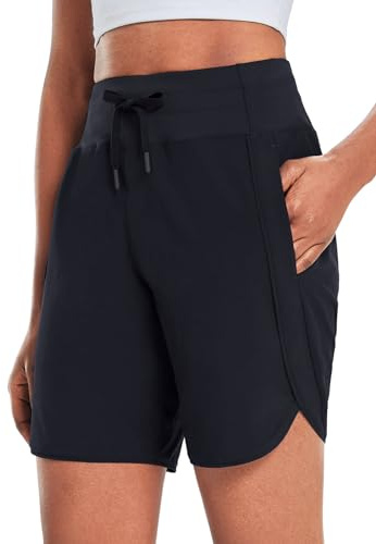 baleaf Women's 7 Long Running Shorts Athletic Workout Gym Quick Dry Hiking Shorts High Waisted Zipper Pocket Black L