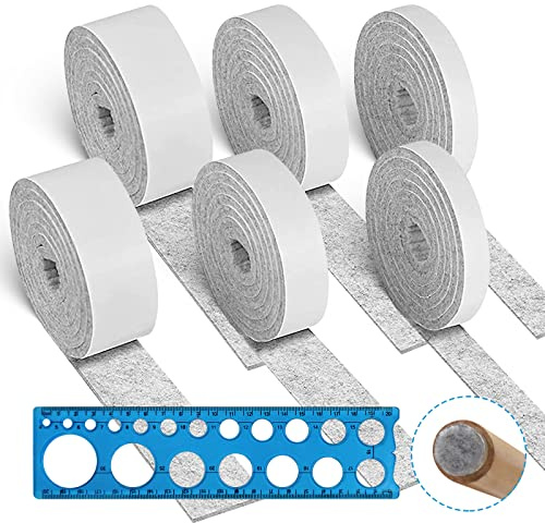 Daily Treasures 6 Rolle 1M Lang Filz Selbstklebend 1.25/2/2.5cm Breit/5mm Dicke Selbstklebend Möbelgleiter, Grau Filzgleiter Stuhl + 1 Lineale mit Kreisschablonen Stark Filzgleiter Schneidbar Frei