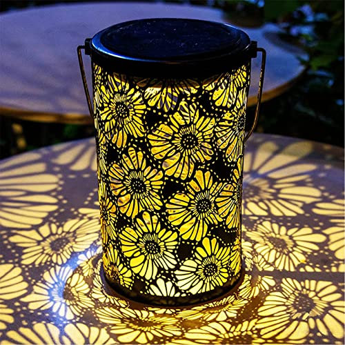 Solar Laternen für Draußen,Laternen Wetterfest,Solarlampen für Außen Garten,Solarleuchten Hängend,Metall Zylindrische Lampe Chrysanthemen Muster Dekorative Solarlampe,Vintage Solarlaterne,Wegeleuchten