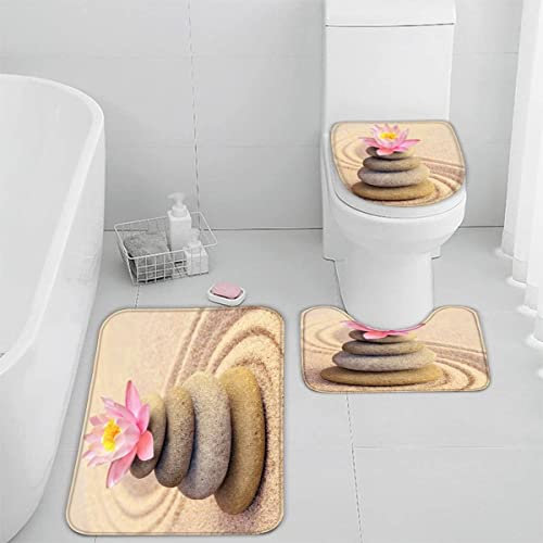 TiaoTian Badematten Set 3D 40x60 Zen absorbierend 3-teiliges Badezimmerteppich-Set maschinenwaschbare weich badteppich schnell trocknend badvorleger mit wc deckelbezug Kiesel Lotus