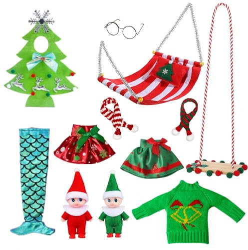Super Idee 12er Set Weihnachtselfen Zubehör Hängematten Pullover Schaukel aus Holz Schal Rock Meerjungfrauenrock Weihnachtsbaum Gute Größe für Elf on The Shelf Elf auf dem Regal Scout Elves