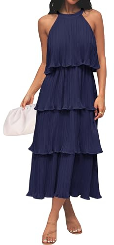 ZESICA Women's 2025 Summer Sleeveless Halter Neck Ruffle Tiered Layed Chiffon Flowy Swing Long Midi Dress,Navy,X-Large