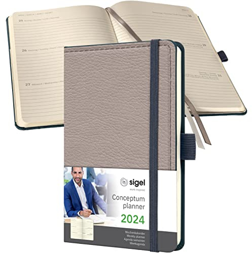 SIGEL C2454 Terminplaner Wochenkalender 2024, Lederoptik, ca. A6, beige, Hardcover, 176 Seiten, Gummiband, Stiftschlaufe, Archivtasche, PEFC-zertifiziert, Conceptum