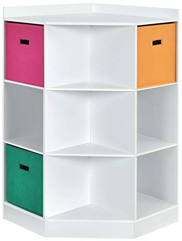 RELAX4LIFE Libreria Scaffale per Bambini in Legno, Mobiletto Multi-Ripiano con Cestini Colorati, Scaffale Portagiochi per Soggiorno e Camera da Letto (Angolare, Bianco)