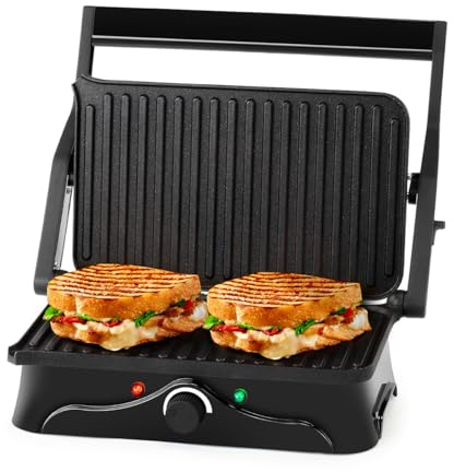Holstein Housewares 2-Slice Panini Press and Grill - Black/Stainless Steel Sandwich Maker with Non-Stick Coating, Temperature Control, and Drip Tray - Opens 180 Degrees for Versatile Cooking