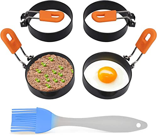 Yuehuamech Egg Ring 4pcs Round Non- Stick Fried Egg Mold with Silicone Handle and Brush Poachette Rings Omelet Mini Pancakes Round Egg Rings for Egg Pancakes Sandwiches