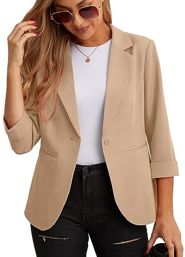 GRECERELLE Women's Blazer Suit Elegant 3/4 Sleeve Jackets Business Casual Work Office Blazer Jacket Suiting & Blazers Cardigans with Pockets Button for Ladies (Beige, 18)
