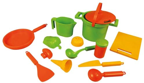 Lena 5401 Eco Sandset Kochen 14-teilig, Kochtopf, Sieb, Salzstreuer, Kelle, Messbecher, Pfanne, Heber, Schneidebrett, 3 Gemüse-Förmchen, Eislöffel, Eistüte, Kunststoff-Holz-Mix, für Kinder ab 1 Jahr