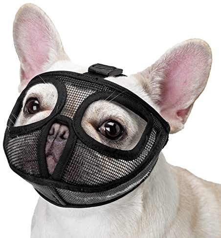Kort munkorg för Hund, Justerbar Täcker inte ögonen Bulldog munkorg i mesh för att Bita Tugga Slicka (S, Svart)