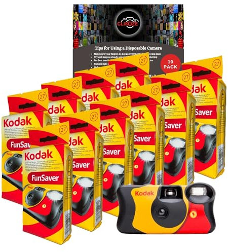 Clikoze Lot d'appareils photo jetables – Comprend 10 paquets d'appareils photo Kodak Funsaver à usage unique 35 mm avec 27 poses et carte d'astuces pour photographie Clikoze