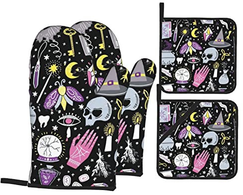 177 4 Piezas Manopla Horno para Cocina Brujería Bruja Mágica Manopla De Horno Antideslizantes Oven Gloves para Chimenea, Microondas, Horneando