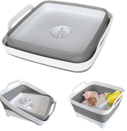 GIMWA Collapsible Wash Basin with Drain Plug - 2.4 Gallon Foldable Kitchen Sink for Baby Bottles, RV Camping, Space-Saving Dish Tub (Gray)