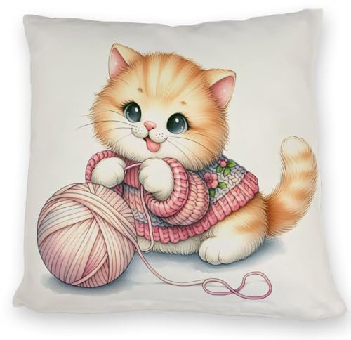 speecheese Katzenbaby mit Wollknäuel Kissen Süßes KatzenKissen Niedliche Katze spielt mit Wollknäuel Haustier DekoKissen für Katzenliebhaber