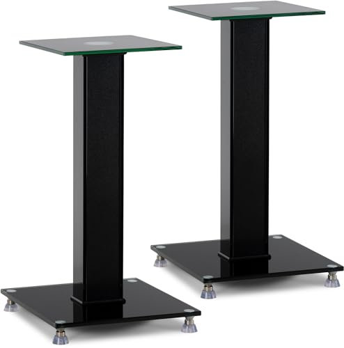 Pronomic SLS-282 BK Supporti per Altoparlanti, design elegante con 2 piani in vetro, punte regolabili, piedini in gomma, passacavi nascosto, capacità carico 10 kg.