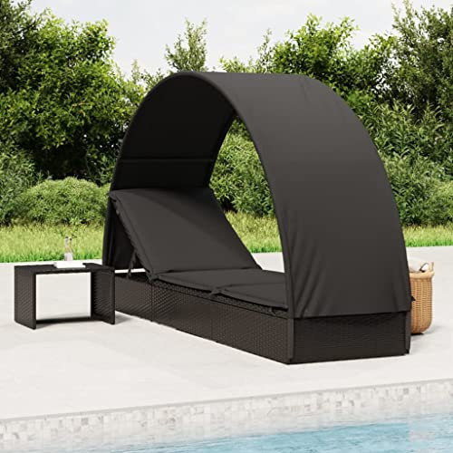 FUDUGEHMIOFWFJJ gartenstühle,relaxsessel,liegestuhl klappbar,Sonnenliege mit Runddach Schwarz 211x57x140 cm Poly RattanGeeignet für Garten, Pooldeck, Terrasse, Wohnzimmer