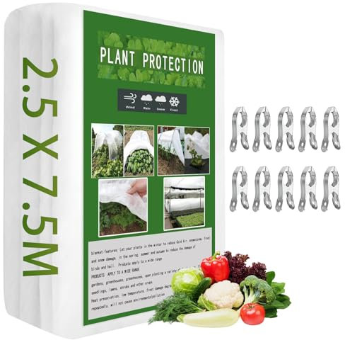 30gsm 2.5*7.5M Garden Plant Fleece Frost Protection Cover,Horticultural Fleece Cover for Outdoor Indoor with 10 Clips Plant Frost Protection Fleece Winter Anti Freeze Wind Warming Fleece Jacket