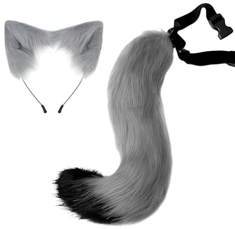 Proumhang Schwanz und Ohren Set,Langer Fuchsschwanz Cosplay Kunstpelz Pelz,Halloween Fuchs Katze Wolf Schwanz Set mit Ohren,Verstellbarer pelziger Schwanz Kostüm für Kinder & Erwachsene Grau