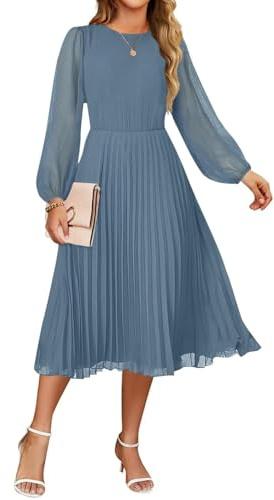 ZESICA Langärmeliges Damenkleid 2025, lässig, Rundhalsausschnitt, Chiffon, schwingend, plissiert, A-Linie, Cocktail-Party, Midi-Kleid, Dusty Blue, Klein