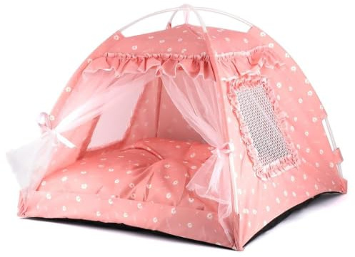 Pawstrip Dog Tent Indoor Cat House Pink Puppy Bed Portable Pet Teepe Princess Dog Camping Tent Outdoor Kitten Houses Cute Bunny Nest Girl Kitty Cave, Small (13.8 x 13.8 x 11.8)