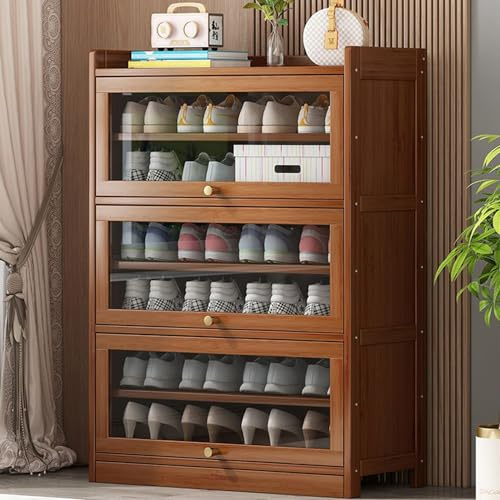Vaianna Bambus Schuhschrank mit transparenter Tür, Schuhregal mit großer Kapazität mit Klapptür für Eingang, Wohnzimmer, Schlafzimmer (Braun, 80cm,7-Lagen)