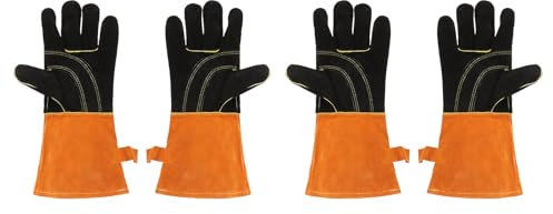 sourcing map 2Pair A3037 Welding Gloves 14 Fire Heat Resistant Long Sleeve Cowhide Leather BBQ Grill Gloves for Welding Fireplace Oven Baking Garden