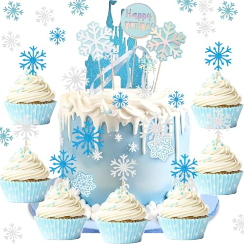 Drookaen Frost tårtdekoration, 25 st, isblå glitter slott, Happy Birthday, silvervit, blå snöflingor, flickor barn födelsedagsfest