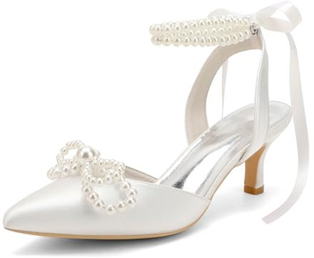 MlYJmer Damen Brautschuhe Geschlossene Zehe Absatz Satin Pumps Perle Hochzeitsschuhe, elfenbeinfarben, 41 EU