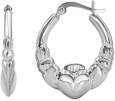 Silverly 925 Sterling Silver Claddagh Creole Hoop Earrings 30mm - Traditional Celtic Earrings in Solid Silver - Classic Large Tapered Chunky Creole Hoops - Timeless Jewelry for Women