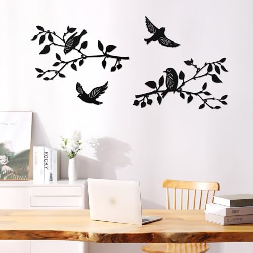 QUMENEY 4 pcs Metal Wall Art Bird on Branch Metal Bird Silhouette Decor | Iron Bird Wall Decor Garden Outdoor Ornament Hanging Sign for Living Room Balcony Bedroom Office （Black ）