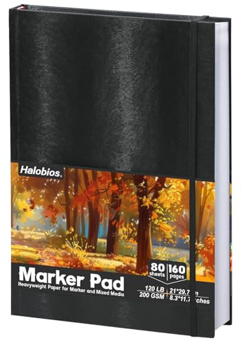 Halobios A4 Sketchbook for Artists Hardcover, 120 lb/200 GSM Very Thick Paper, Professional Marker Drawing Pad for Alcohol Markers Graffiti, Sketching, Portrait, 80 Sheets/160 Pages
