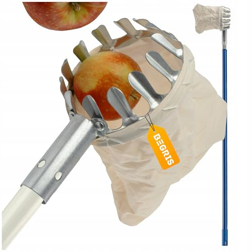BEGRIS® Obstpflücker, Apfelpflücker, Obstpflücker mit teleskopstiel 200 cm, Aufsammler 22x14x21,5 cm, Stoffbeutel für Obst, Metallzähne