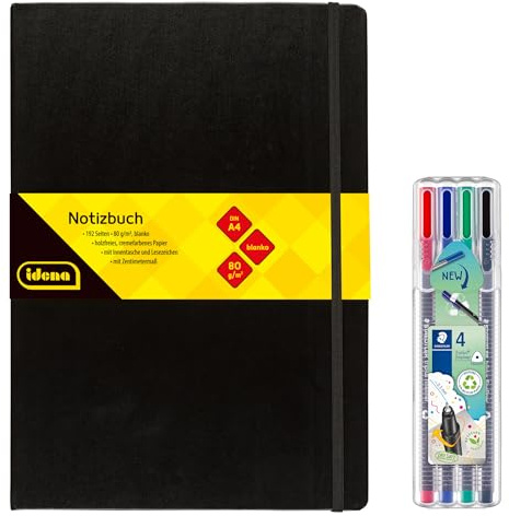 Idena 90337 - Notizbuch DIN A4 mit 192 Seiten, blanko, inkl. 4 STAEDTLER Triplus Fineliner mit superfeiner, metallgefasster Spitze, 0.3 mm