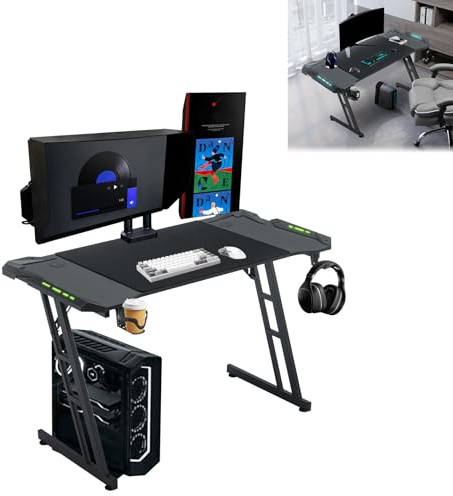LZQ Mesa LED para videojuegos, 160 x 60 cm, con revestimiento de fibra de carbono, mesa de gaming, mesa de oficina con soporte para bebidas y gancho para auriculares, para una experiencia de juego