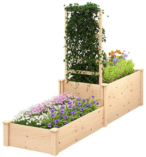 Outsunny Letto per Orto Rialzato da Esterno 222x63x132 cm Color Legno | con Grigliato, Fondo Aperto, 2 Divisori, Fioriera con Spalliera e Traliccio, Abete, Piante Rampicanti, Balcone