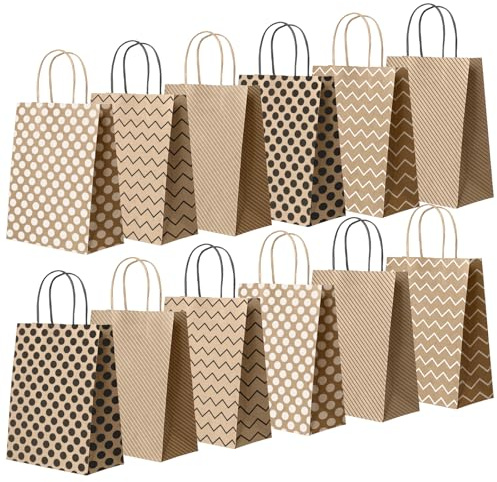 NADSSJL 12 Stück Geschenktüten, Braun Papiertüten mit Henkel, für Einkaufen, Hochzeiten, Verpackungen, Partys, Geburtstag, Weihnachten, 15 x 8 x 21 cm