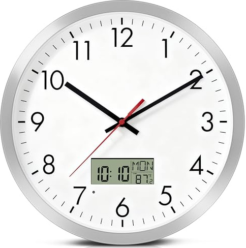 Wanduhr Digital Analog 30 cm geräuschlos Silber mit Temperaturanzeige | LCD-Display mit separater Stromversorgung, Lichtsensor, Datum & Uhrzeit | Metallrahmen, ideal für Küche, Wohnzimmer & Büro
