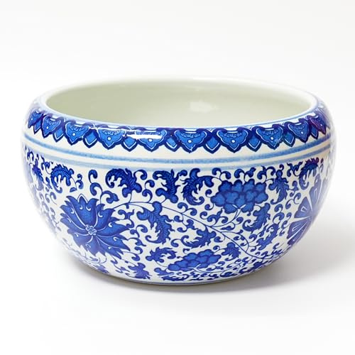 ZENSOAR Wasser Lotus Schale Pflanzgefäß, Große Lotusblume Schale, Seerosen Schale, Seerosen Topf, Lotustopf für Wasserpflanzen, Lotus Pflanzgefäß, Bonsaischale Lotusblüte, Blau und Weiß