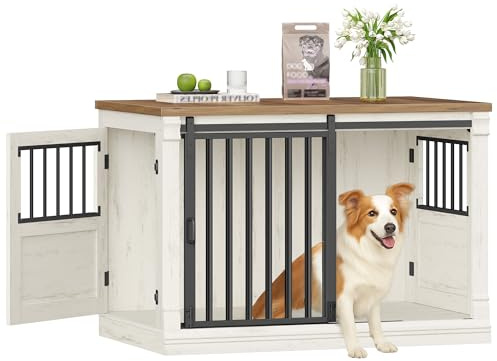HEXCELEN 101cm Cage pour Chien, Meuble Cage Chien avec Porte Coulissante, 3 Portes, Table d’Appoint, Niche Moderne Interieur pour Chiens, 101 x 60,5 x 70 cm, Blanc et Marron