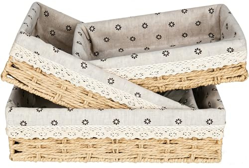 Scandi Style Lot de 3 grandes corbeilles à pain rectangulaires en jonc de mer avec insert en coton - Panier de rangement en métal solide - 35, 31 et 27 cm